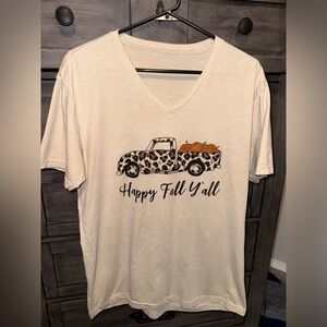 Happy fall yall women’s short sleeve v neck tshirt size extra large XL Tan